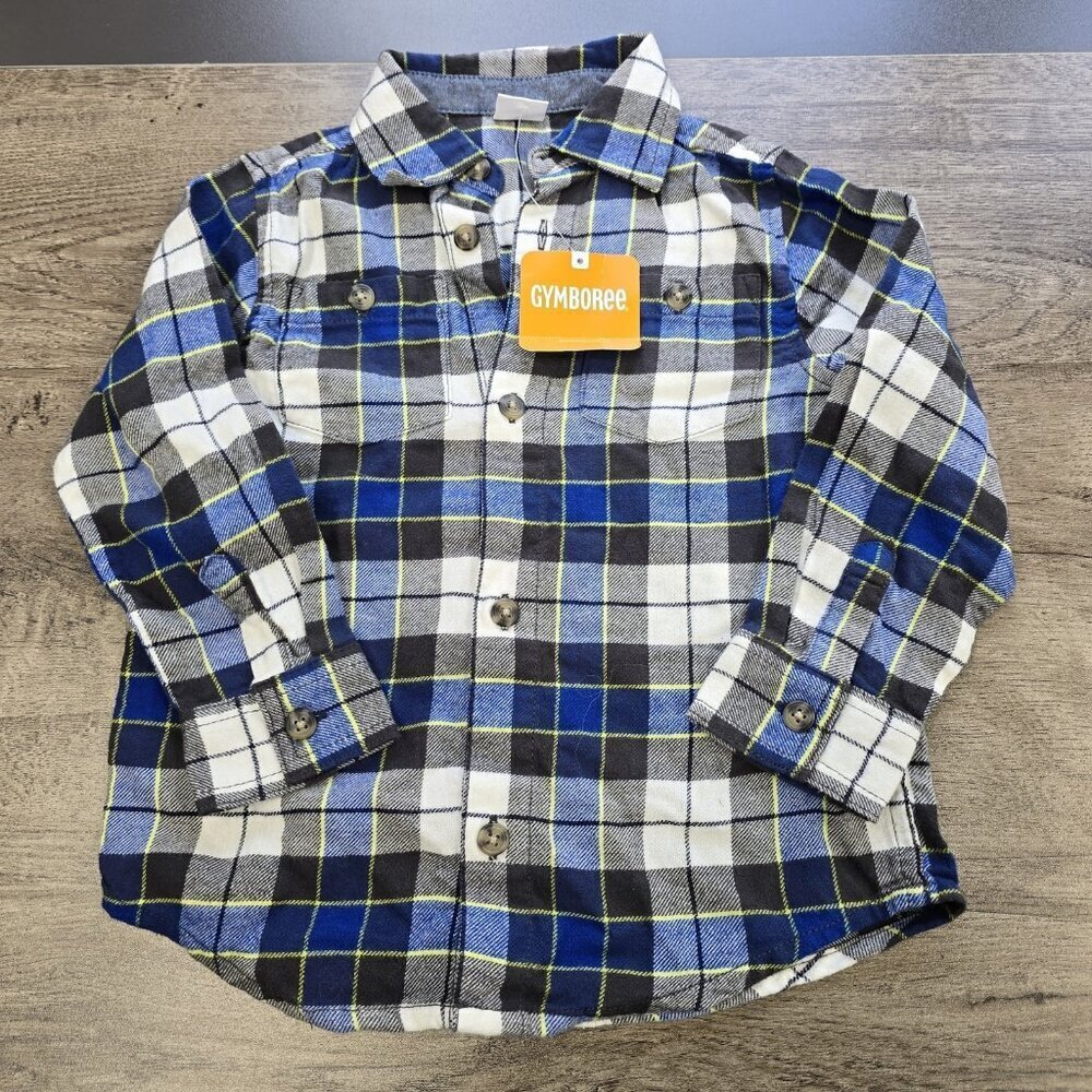 NWT Gymboree Flannel Button Up Shirt Boys Size 3T Plaid Grid Pattern Blue Gray